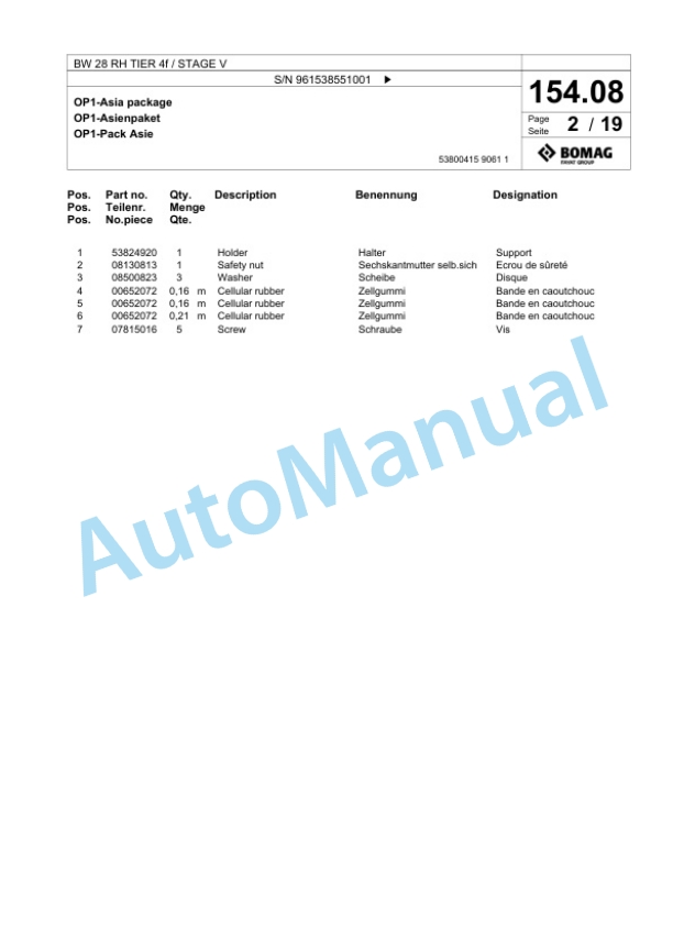 Bomag BW 28 RH TIER 4f - STAGE V Pneumatic Tyred Roller Spare Parts Catalogue 00826627-5
