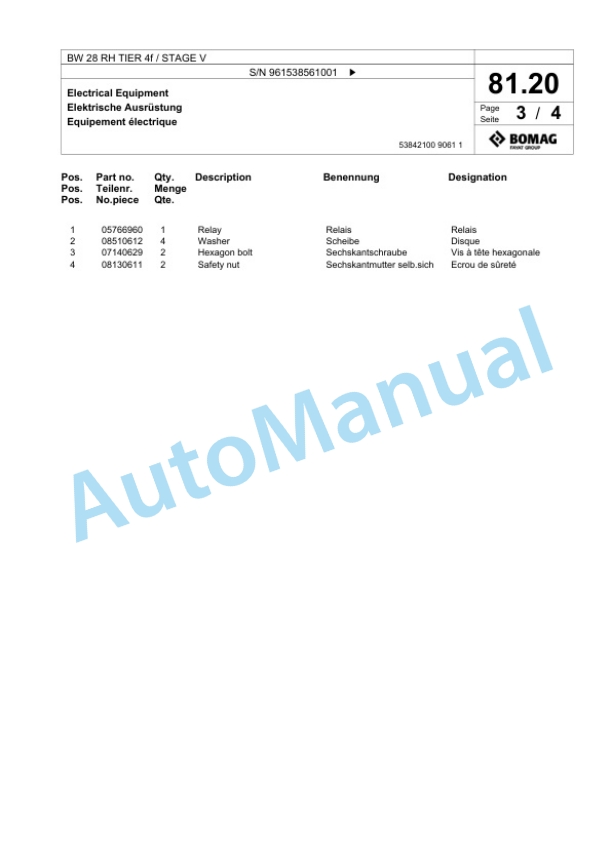 Bomag BW 28 RH TIER 4f - STAGE V Pneumatic Tyred Roller Spare Parts Catalogue 00826695-2