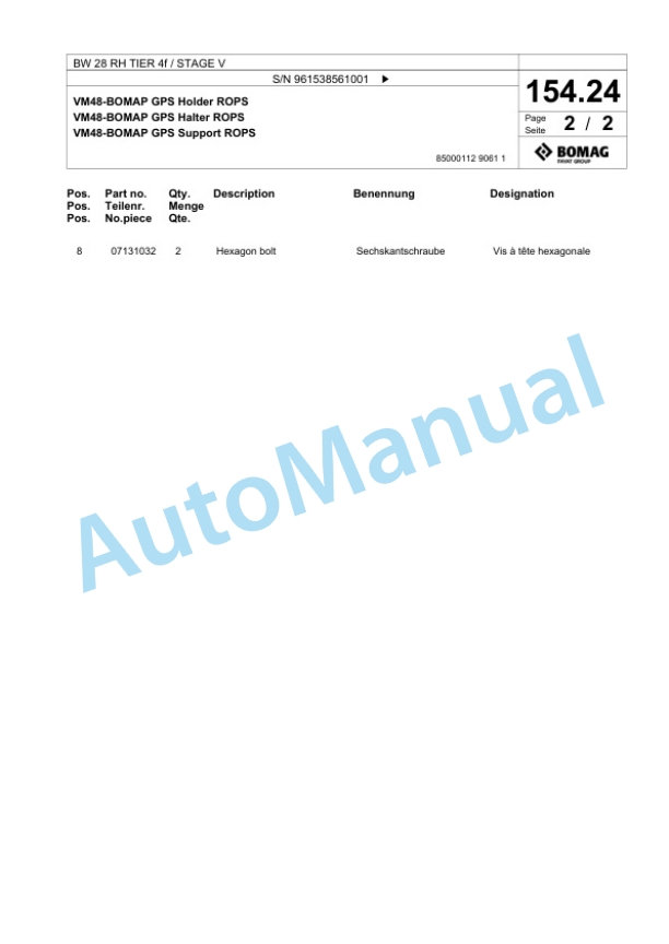Bomag BW 28 RH TIER 4f - STAGE V Pneumatic Tyred Roller Spare Parts Catalogue 00826695-5