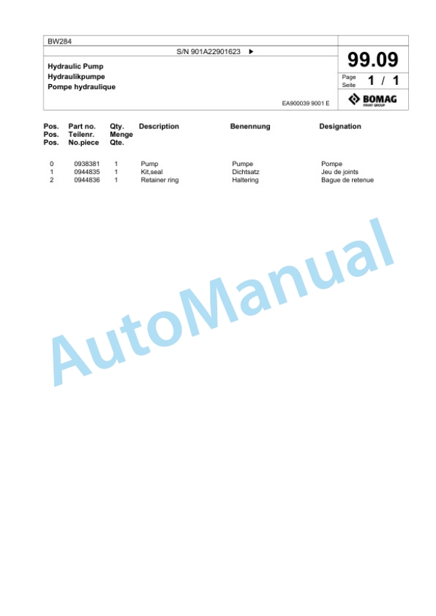 Bomag BW 284 Tandem Vibratory Roller Spare Parts Catalogue 00817829-5