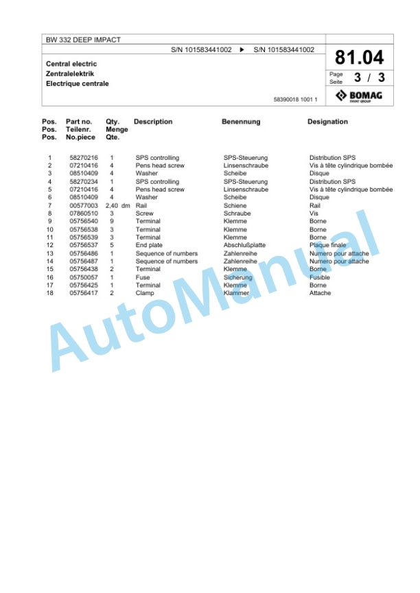 Bomag BW 332 DEEP IMPACT Single Drum Wheel Drive Vibratory Roller Spare Parts Catalogue 00818725-3