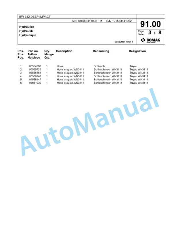 Bomag BW 332 DEEP IMPACT Single Drum Wheel Drive Vibratory Roller Spare Parts Catalogue 00818725-4