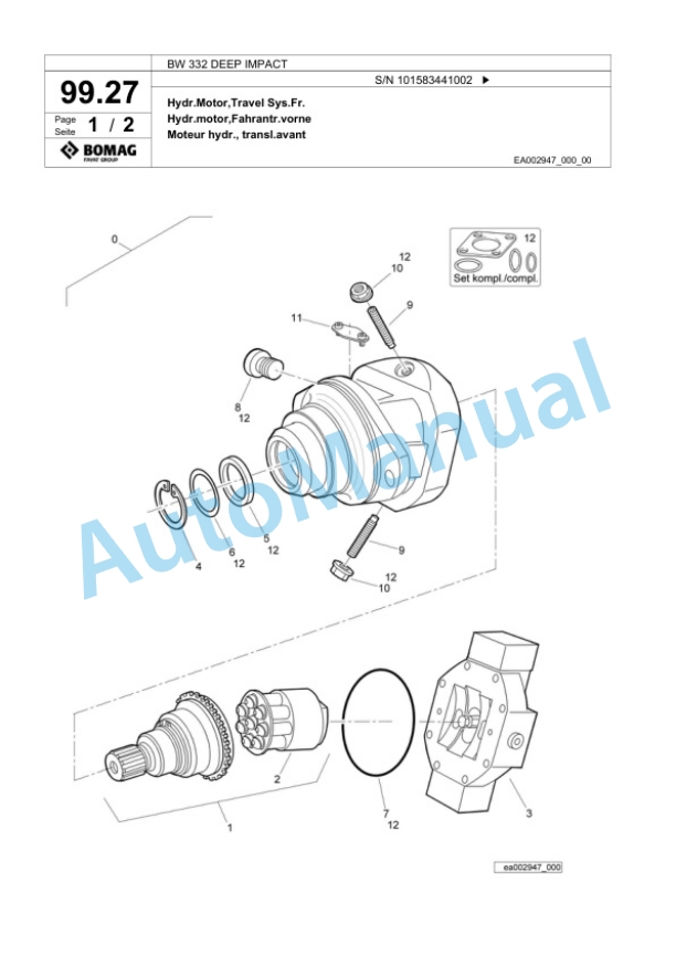 Bomag BW 332 DEEP IMPACT Single Drum Wheel Drive Vibratory Roller Spare Parts Catalogue 00818725-5