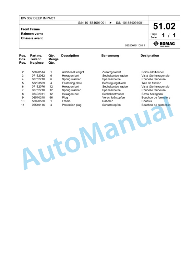 Bomag BW 332 DEEP IMPACT Single Drum Wheel Drive Vibratory Roller Spare Parts Catalogue 00818867-3