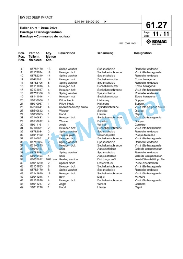 Bomag BW 332 DEEP IMPACT Single Drum Wheel Drive Vibratory Roller Spare Parts Catalogue 00818867-4