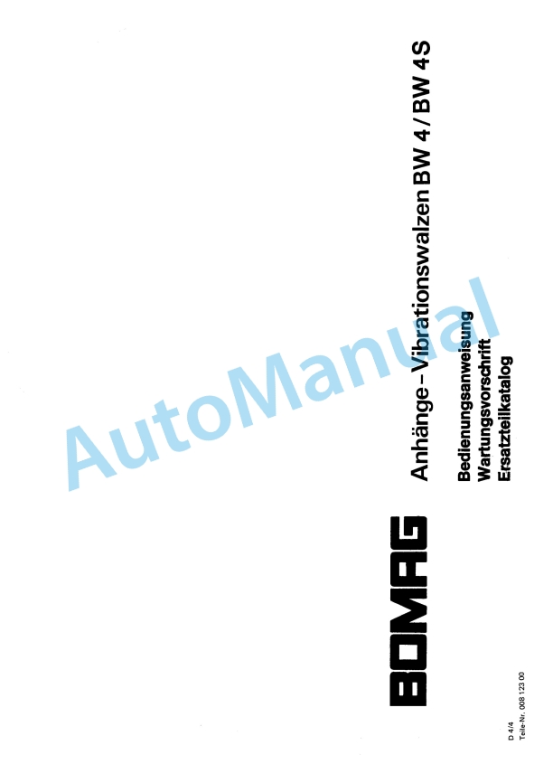 Bomag BW 4, BW 4S Trailed Vibratory Rollers Spare Parts Catalogue 00812300 GE