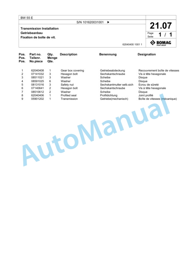 Bomag BW 55 E Single-Drum Vibration Roller Spare Parts Catalogue 00825111-2
