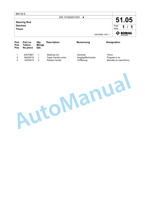 Bomag BW 55 E Single-Drum Vibration Roller Spare Parts Catalogue 00825111-3