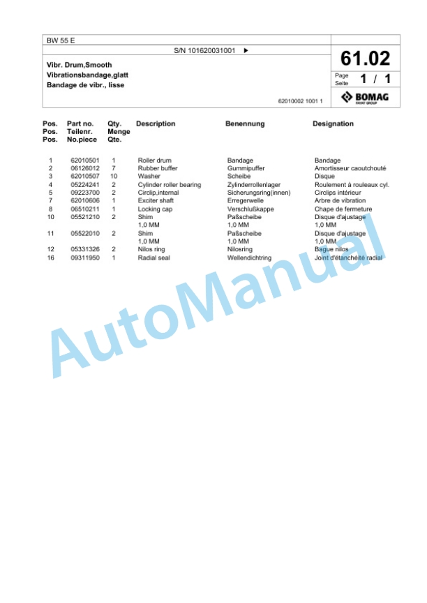 Bomag BW 55 E Single-Drum Vibration Roller Spare Parts Catalogue 00825111-5