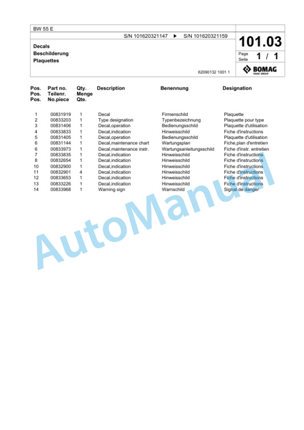 Bomag BW 55 E Single-Drum Vibration Roller Spare Parts Catalogue 00825513-5