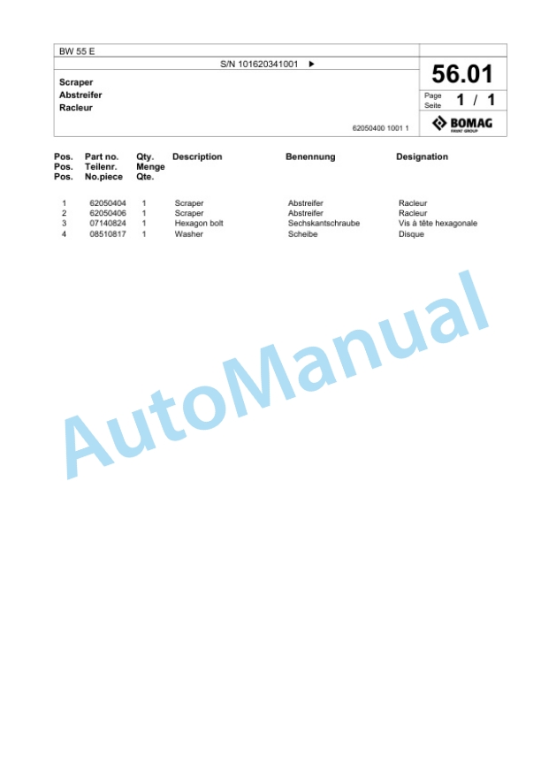 Bomag BW 55 E Single-Drum Vibration Roller Spare Parts Catalogue 00825899-4