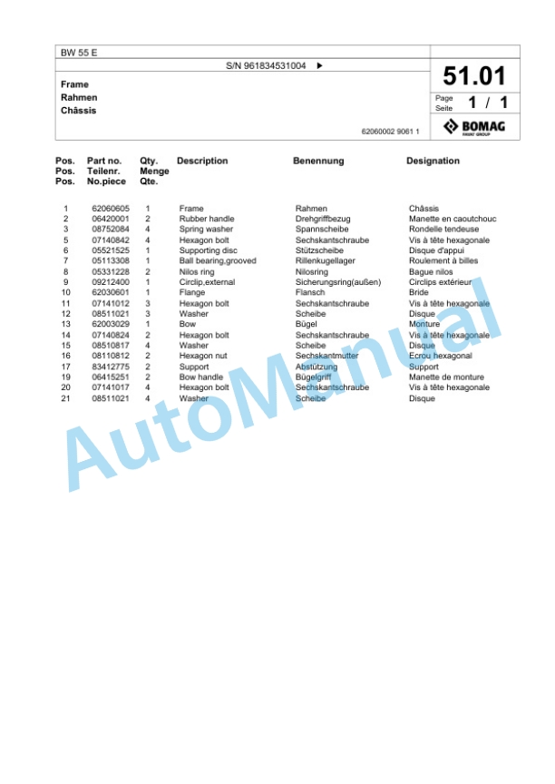 Bomag BW 55 E Single-Drum Vibration Roller Spare Parts Catalogue 00826207-3