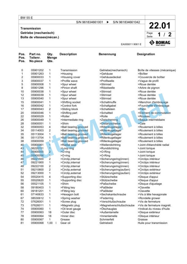 Bomag BW 55 E Single-Drum Vibration Roller Spare Parts Catalogue 00826473-2
