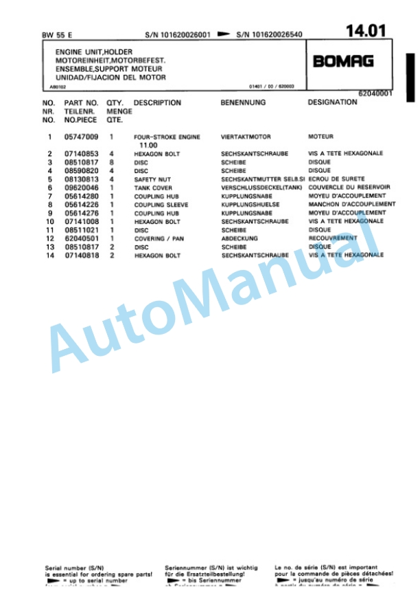 Bomag BW 55 E Single Drum Vibratory Roller Spare Parts Catalogue 00811012-2