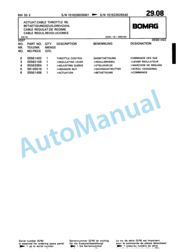 Bomag BW 55 E Single Drum Vibratory Roller Spare Parts Catalogue 00811012-3
