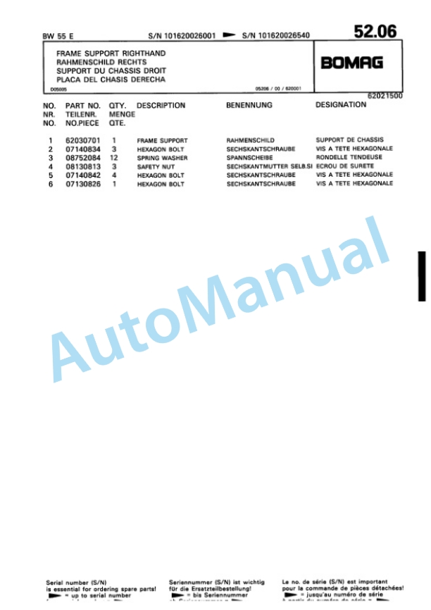 Bomag BW 55 E Single Drum Vibratory Roller Spare Parts Catalogue 00811012-4