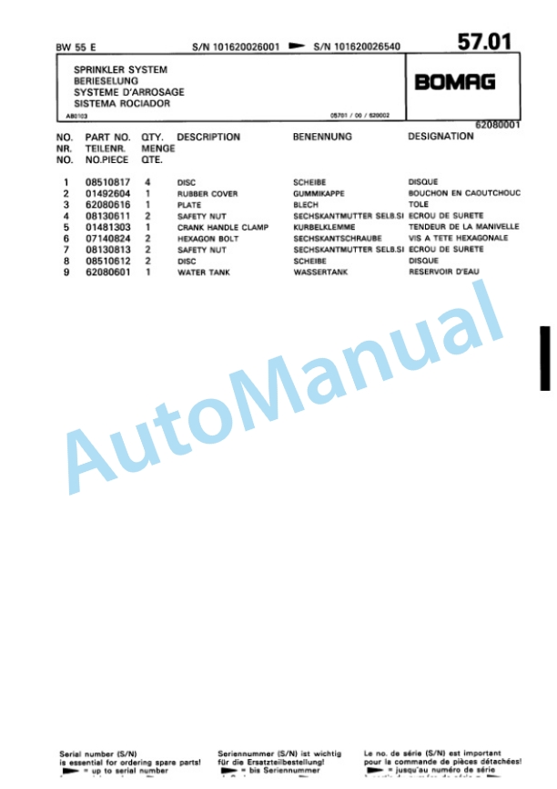 Bomag BW 55 E Single Drum Vibratory Roller Spare Parts Catalogue 00811012-5