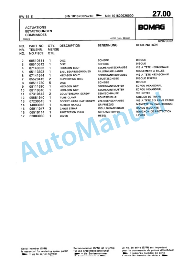 Bomag BW 55 E Single Drum Vibratory Roller Spare Parts Catalogue 00811021-4