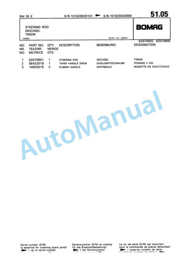 Bomag BW 55 E Single Drum Vibratory Roller Spare Parts Catalogue 00811021-5