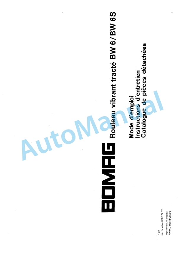 Bomag BW 6, BW 6S Towed Vibratory Rollers Spare Parts Catalogue 00812402 FR