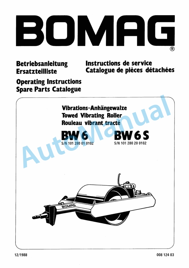 Bomag BW 6, BW 6S Towed Vibratory Rollers Spare Parts Catalogue 00812403