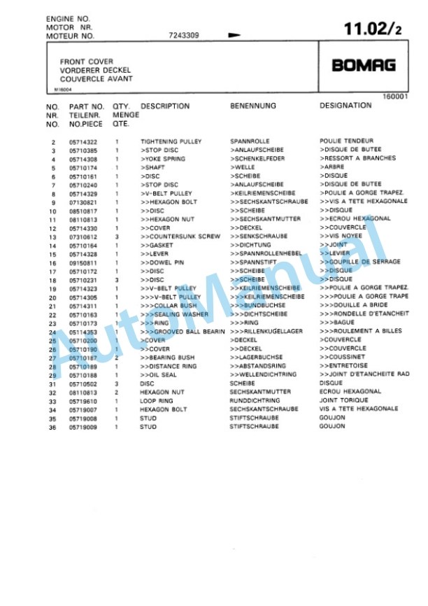 Bomag BW 6, BW 6S Towed Vibratory Rollers Spare Parts Catalogue 00812403-2
