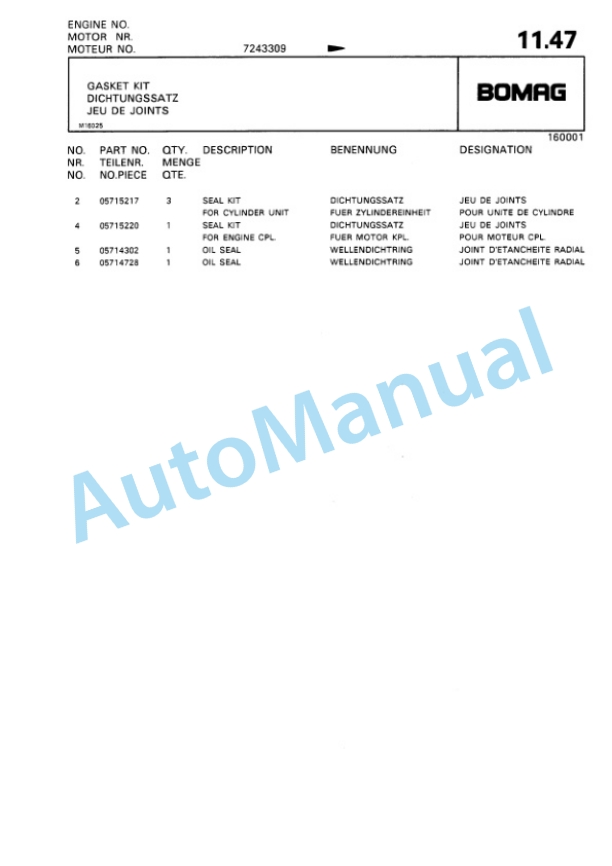 Bomag BW 6, BW 6S Towed Vibratory Rollers Spare Parts Catalogue 00812403-3