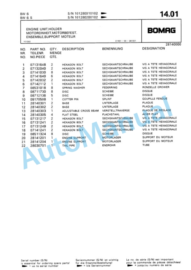 Bomag BW 6, BW 6S Towed Vibratory Rollers Spare Parts Catalogue 00812404-3