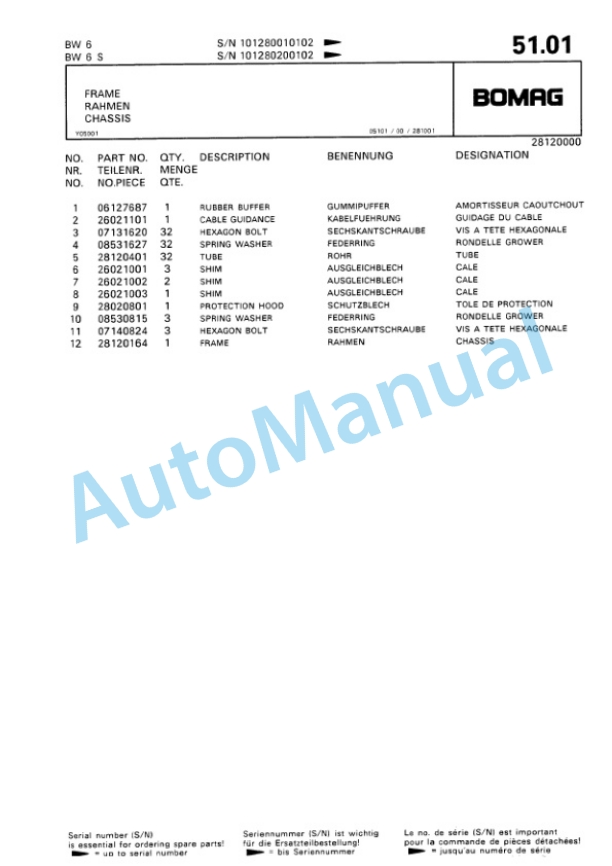 Bomag BW 6, BW 6S Towed Vibratory Rollers Spare Parts Catalogue 00812404-4