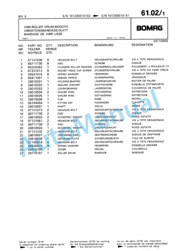 Bomag BW 6, BW 6S Towed Vibratory Rollers Spare Parts Catalogue 00812404-5