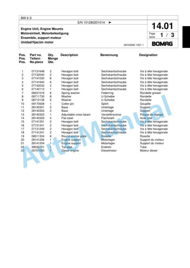 Bomag BW 6 S Tower Roller Spare Parts Catalogue 00817555-3