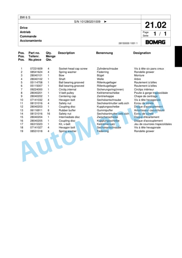 Bomag BW 6 S Tower Roller Spare Parts Catalogue 00817555-4