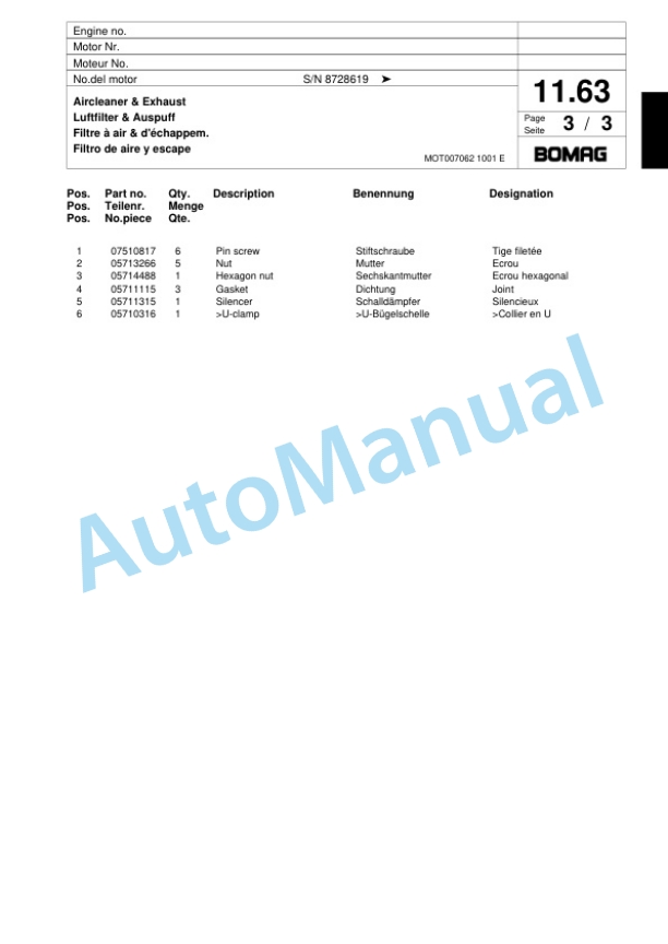Bomag BW 6 S Tower Roller Spare Parts Catalogue 00817957-3