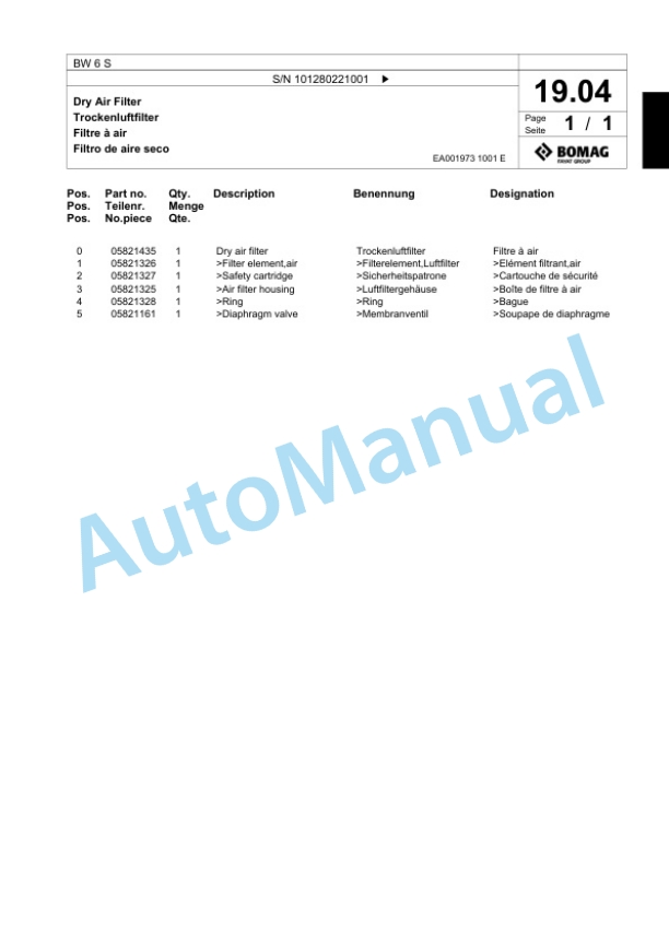 Bomag BW 6 S Tower Roller Spare Parts Catalogue 00818683-4