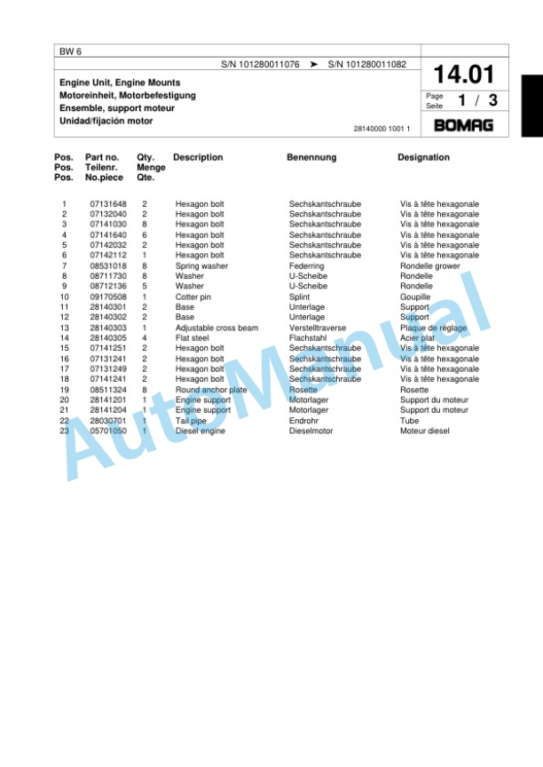 Bomag BW 6 Tower Roller Spare Parts Catalogue 00817554-3