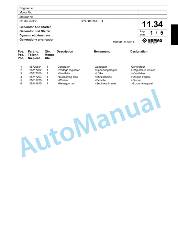 Bomag BW 6 Tower Roller Spare Parts Catalogue 00818665-2