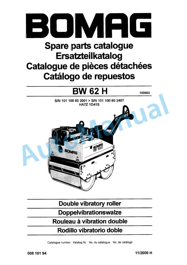 Bomag BW 62 H Double Vibratory Roller Spare Parts Catalogue 00810194