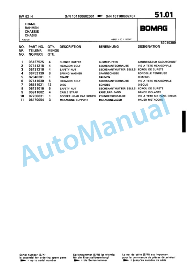 Bomag BW 62 H Double Vibratory Roller Spare Parts Catalogue 00810194-3