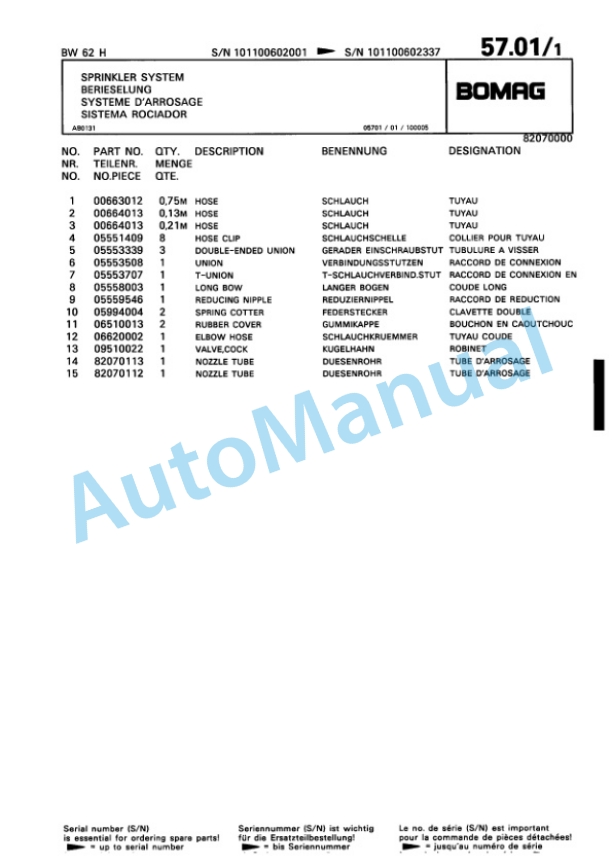Bomag BW 62 H Double Vibratory Roller Spare Parts Catalogue 00810194-4