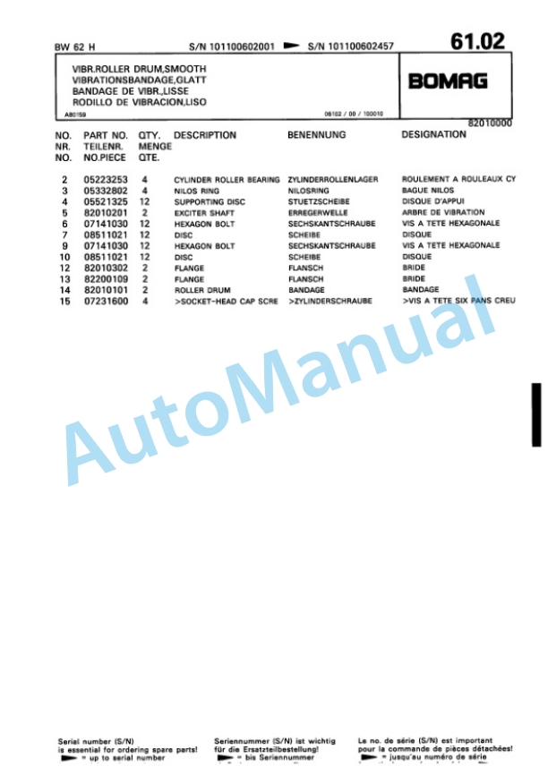 Bomag BW 62 H Double Vibratory Roller Spare Parts Catalogue 00810194-5