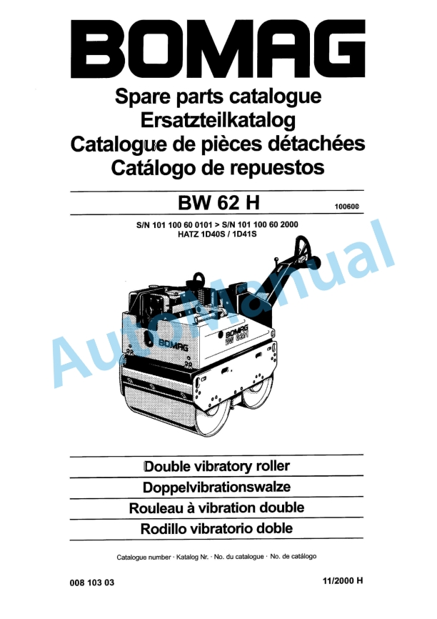 Bomag BW 62 H Double Vibratory Roller Spare Parts Catalogue 00810303