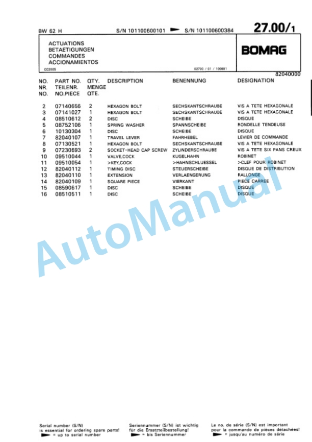 Bomag BW 62 H Double Vibratory Roller Spare Parts Catalogue 00810303-3