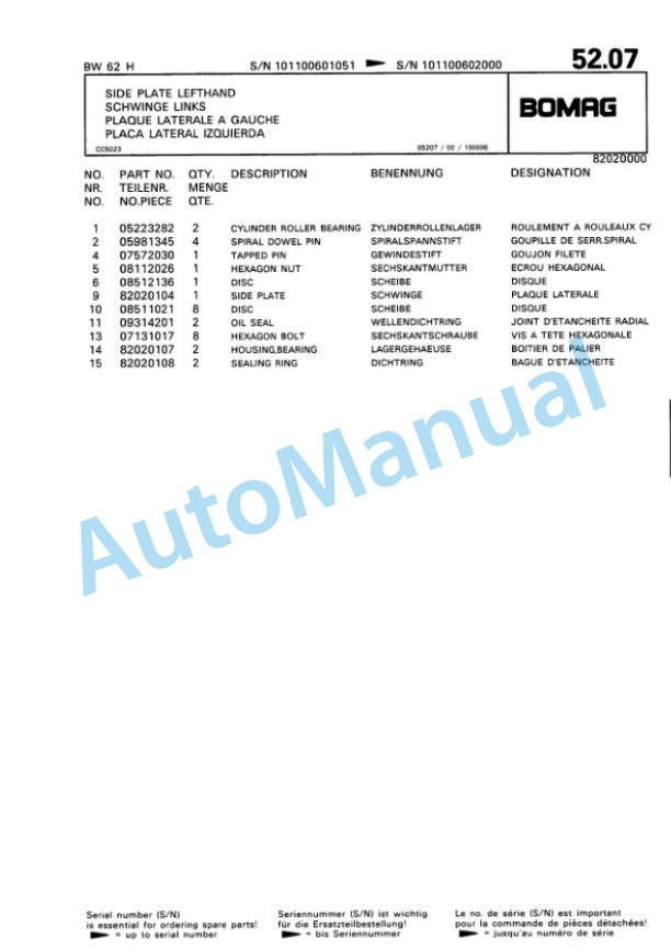 Bomag BW 62 H Double Vibratory Roller Spare Parts Catalogue 00810303-4