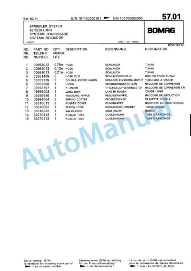Bomag BW 62 H Double Vibratory Roller Spare Parts Catalogue 00810303-5