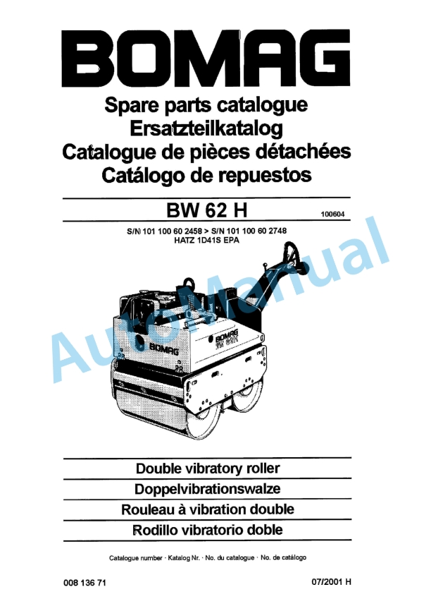 Bomag BW 62 H Double Vibratory Roller Spare Parts Catalogue 00813671