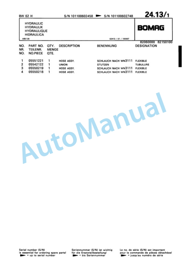 Bomag BW 62 H Double Vibratory Roller Spare Parts Catalogue 00813671-3