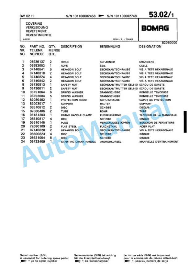 Bomag BW 62 H Double Vibratory Roller Spare Parts Catalogue 00813671-4