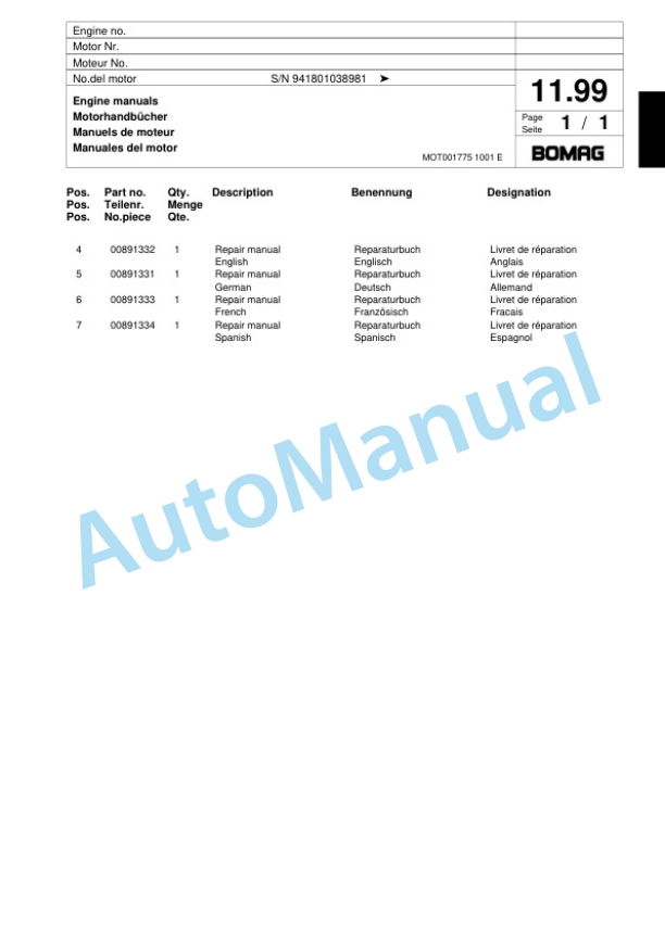 Bomag BW 62 H Double Vibratory Roller Spare Parts Catalogue 00817557-2
