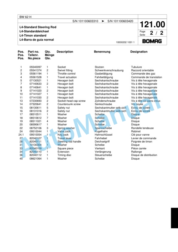 Bomag BW 62 H Double Vibratory Roller Spare Parts Catalogue 00817557-5