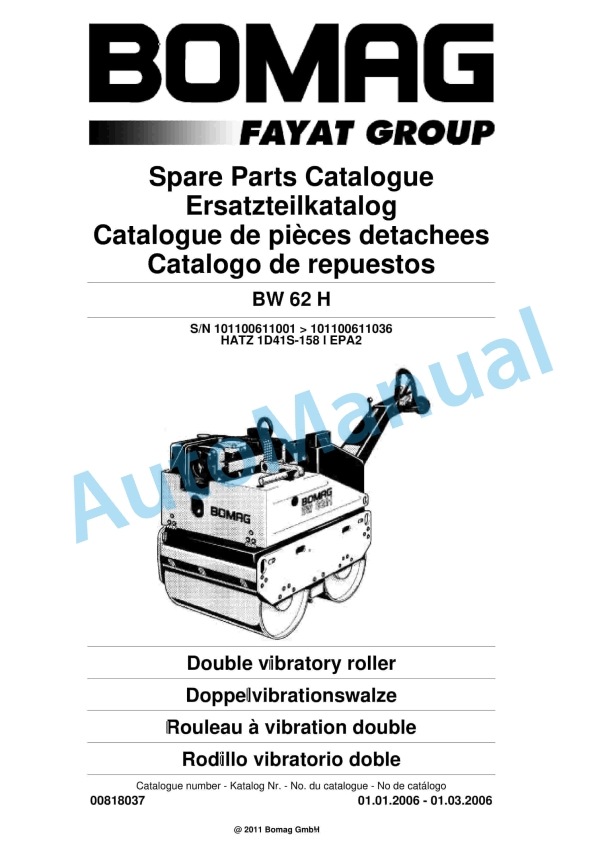 Bomag BW 62 H Double Vibratory Roller Spare Parts Catalogue 00818037